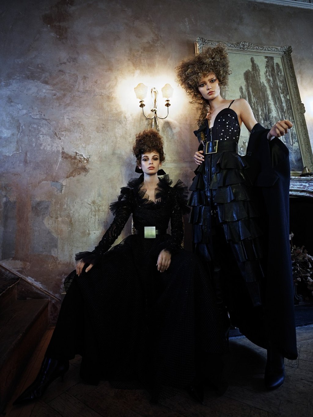 Left: Elie Saab dress, US$10,000 Dior shoes, US$1,130; Louis Vuitton belt, US$750; Right: Louis Vuitton dress, US$10,500; Saint Laurent by Anthony Vaccarello Skirt, belt, shoes and tights, prices on request; Miu Miu cape coat, price on request