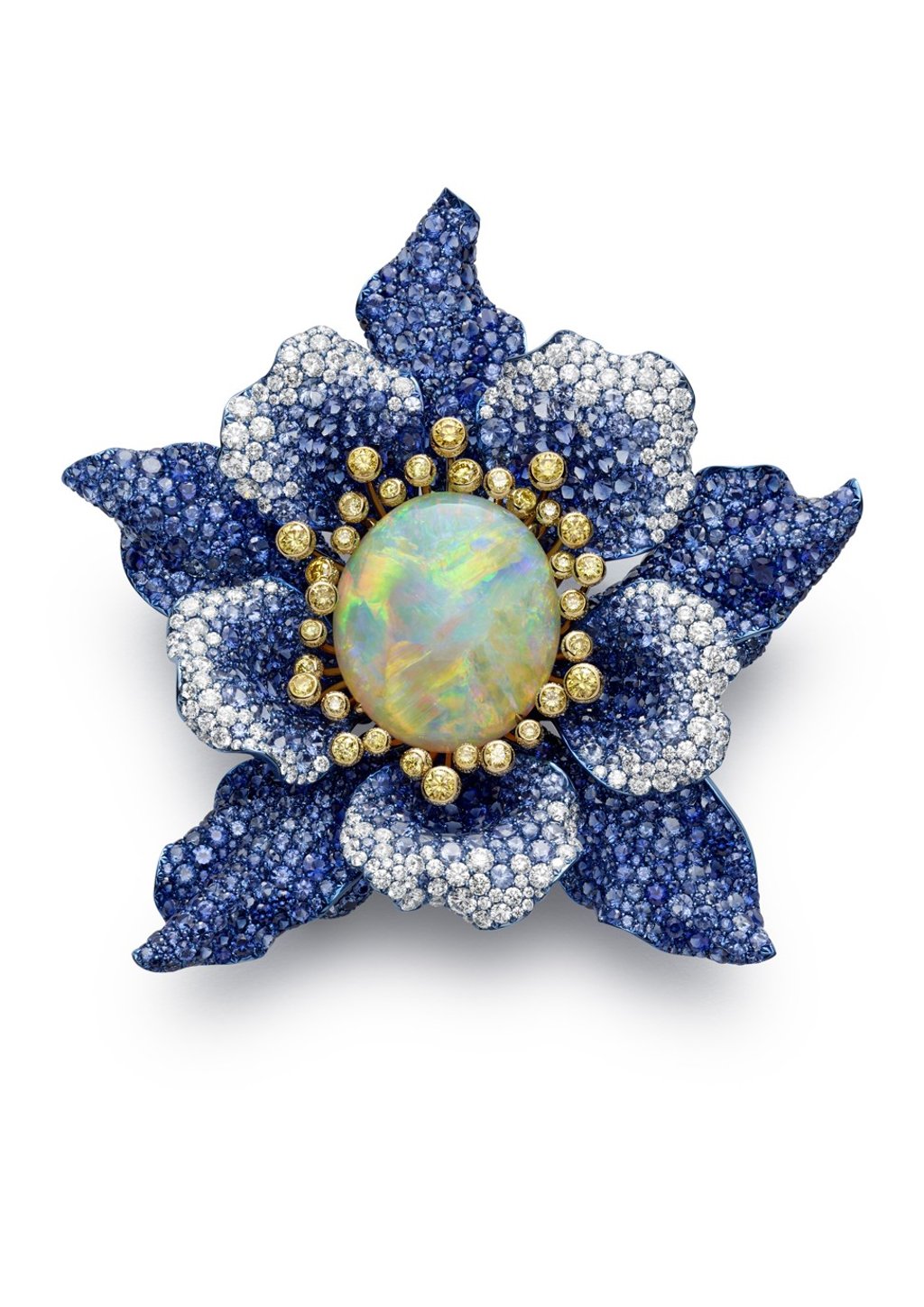 Chopard’s Red Carpet Brooch in 18-ct yellow ethical gold and titanium, set with an opal cabochon, brilliant-cut sapphires, diamonds and yellow diamonds