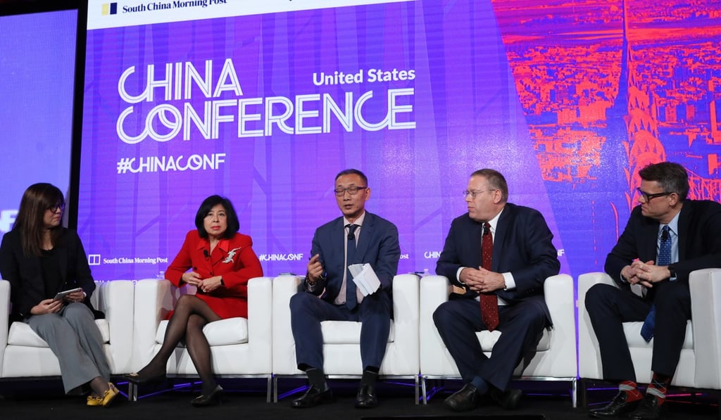 SCMP deputy executive editor and panel moderator Zuraidah Ibrahim, advisory group founder Alice Young, Wang Xiangwei of the Post, former consul Kurt Tong and moderator Ben White during a panel discussion on Tuesday in New York. Photo: SCMP
