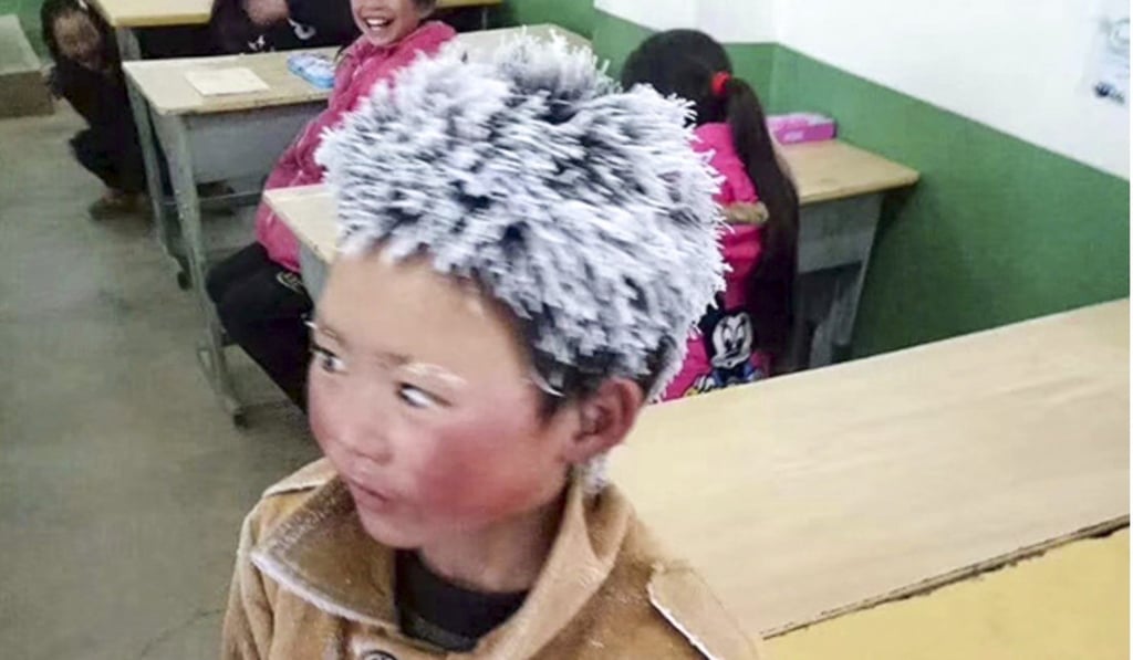 The photo of Wang Fuman arriving at school with his hair and eyebrows covered in ice went viral last year. Photo: news.163.com