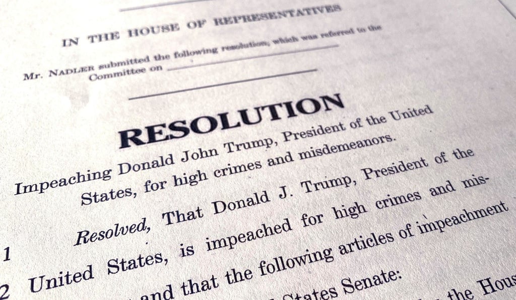 A copy of the House of Representatives articles of impeachment resolution that Democrats hope to use to impeach Donald Trump. Photo: Reuters A copy of the House of Representatives articles of impeachment resolution that Democrats hope to use to impeach Donald Trump. Photo: Reuters