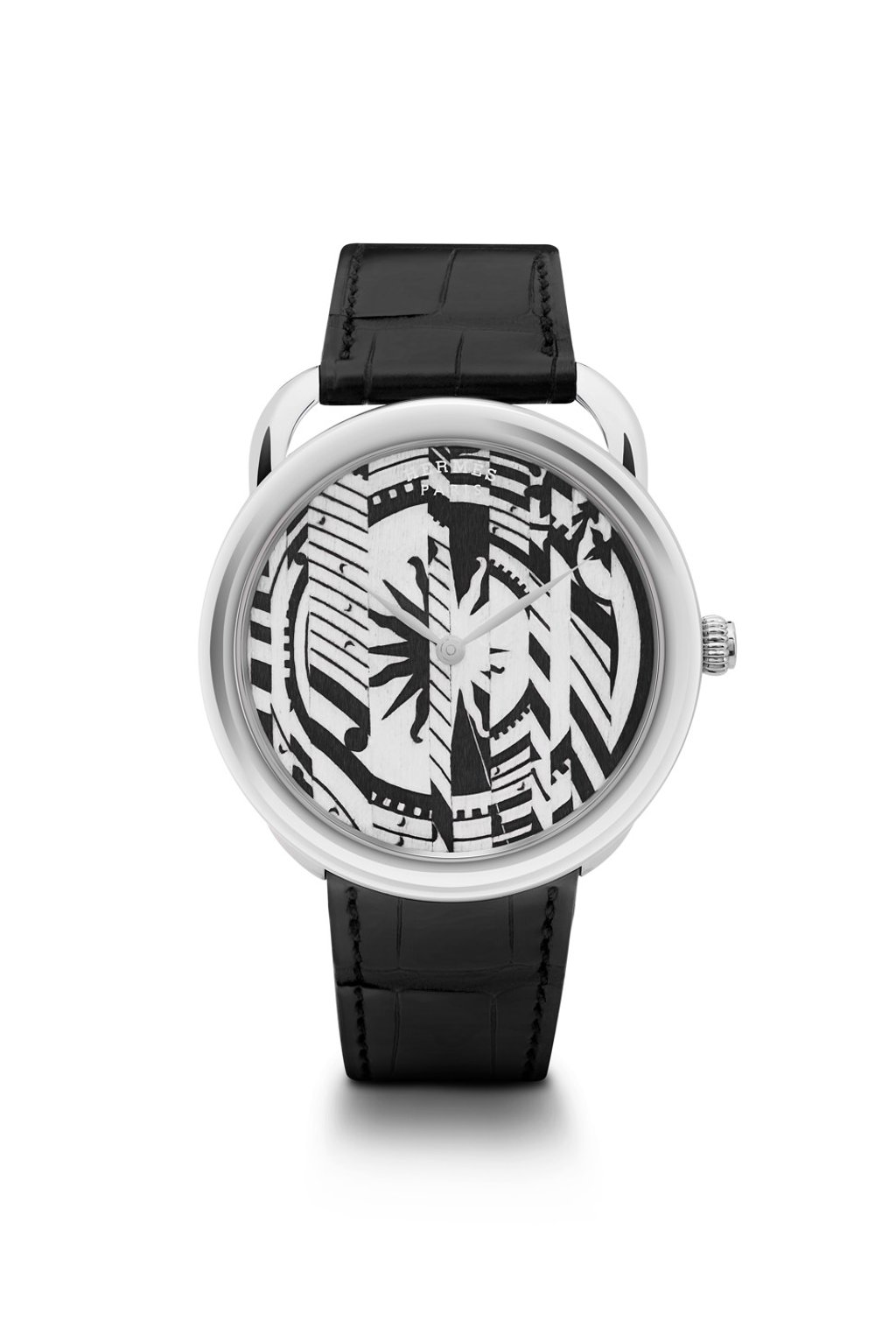 Leather, straw and wood marquetry are rarely seen on the face of a watch unlike enamel and engraving. Photo: Hermès Leather, straw and wood marquetry are rarely seen on the face of a watch unlike enamel and engraving. Photo: Hermès
