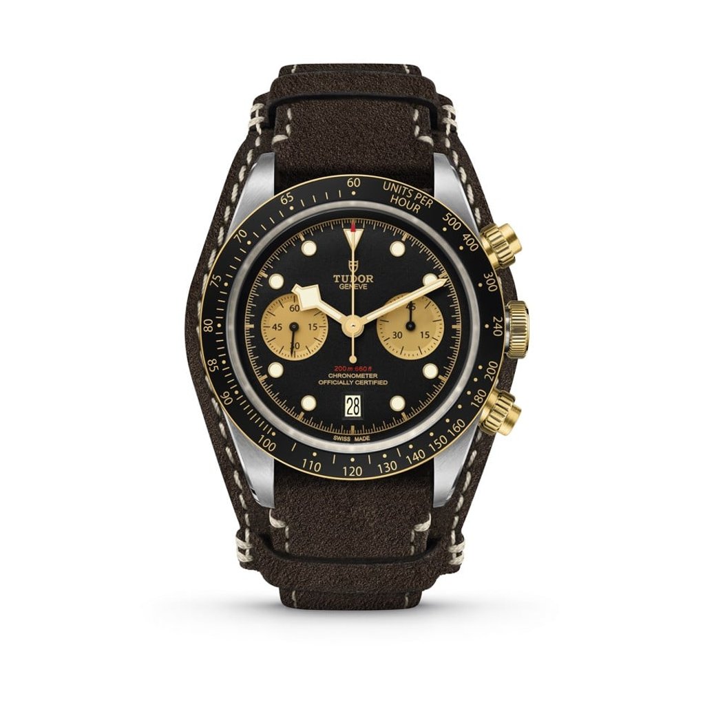 Rolex’s Tudor Black Bay Chrono S&G’s two-tone silver design takes inspiration from the black of the tarmac track.