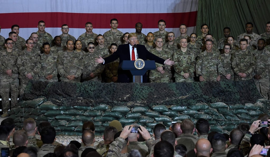 US President Donald Trump speaks to the troops during a surprise Thanksgiving day visit at Bagram Air Field, in Afghanistan. Photo: AFP
