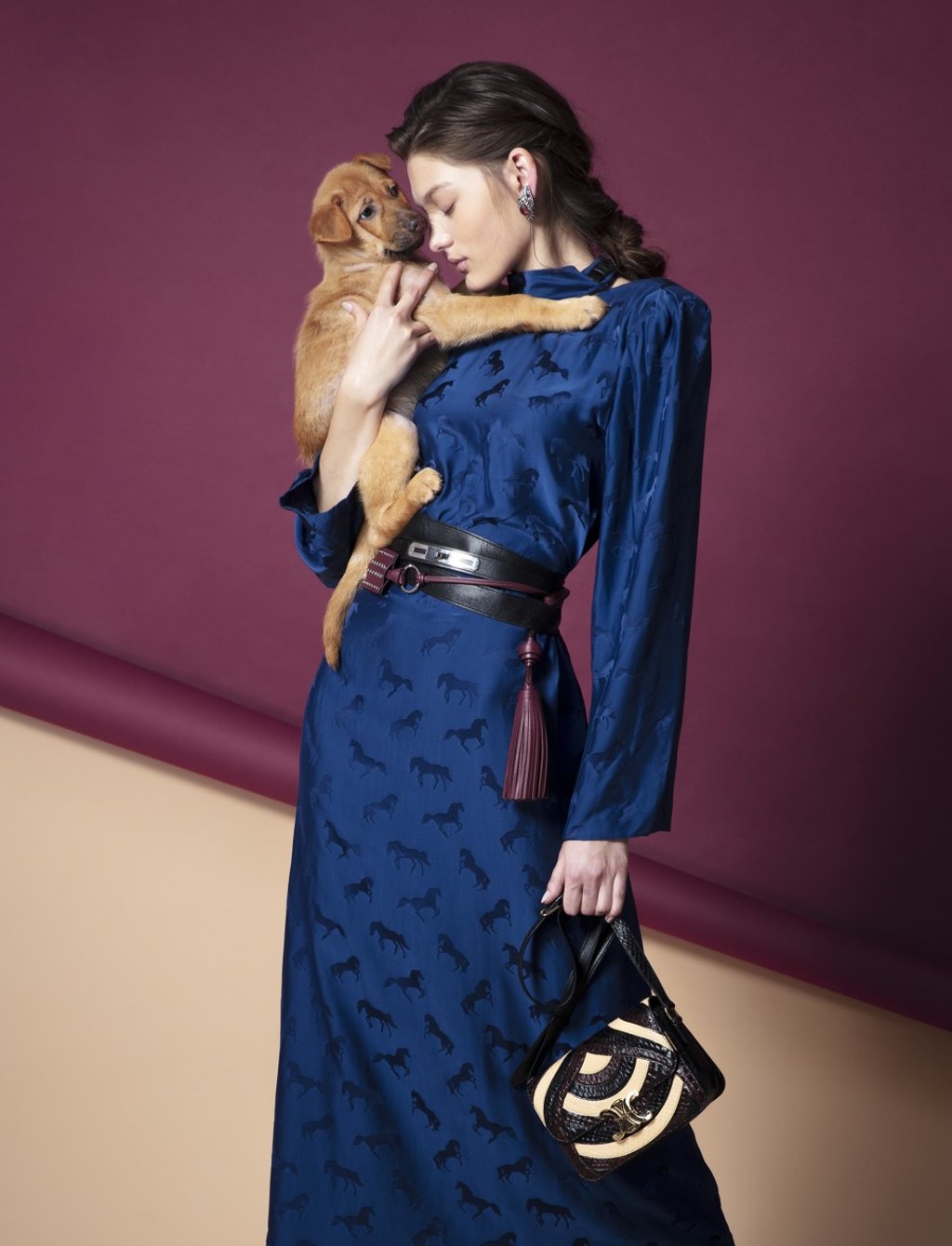 Stella McCartney dress, HK$13,900 (US$1780); Hermès black belt, HK$9,100; Tod’s burgundy belt, price on request; Celine bag, price on request; Gucci earrings, HK$9,400
