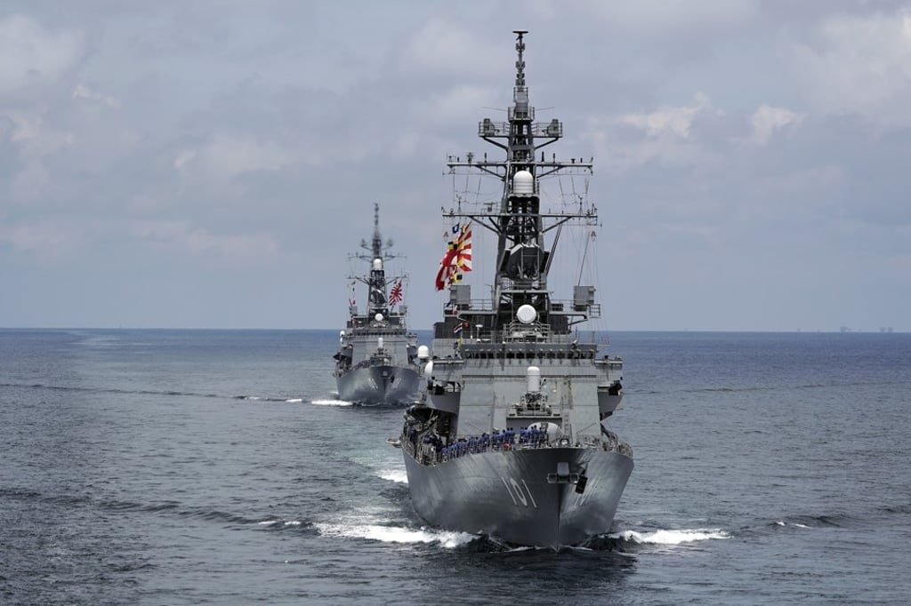Two destroyers from Japan’s Maritime Self-Defence Force participate in a drill off the coast of Brunei on June 26. Photo: AP
