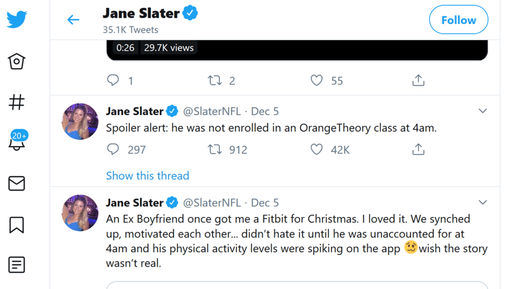 Jane Slater caught a former boyfriend cheating after spotting an increase in his heart rate and activity at 4am on their shared Fitbit app. Photo: Twitter