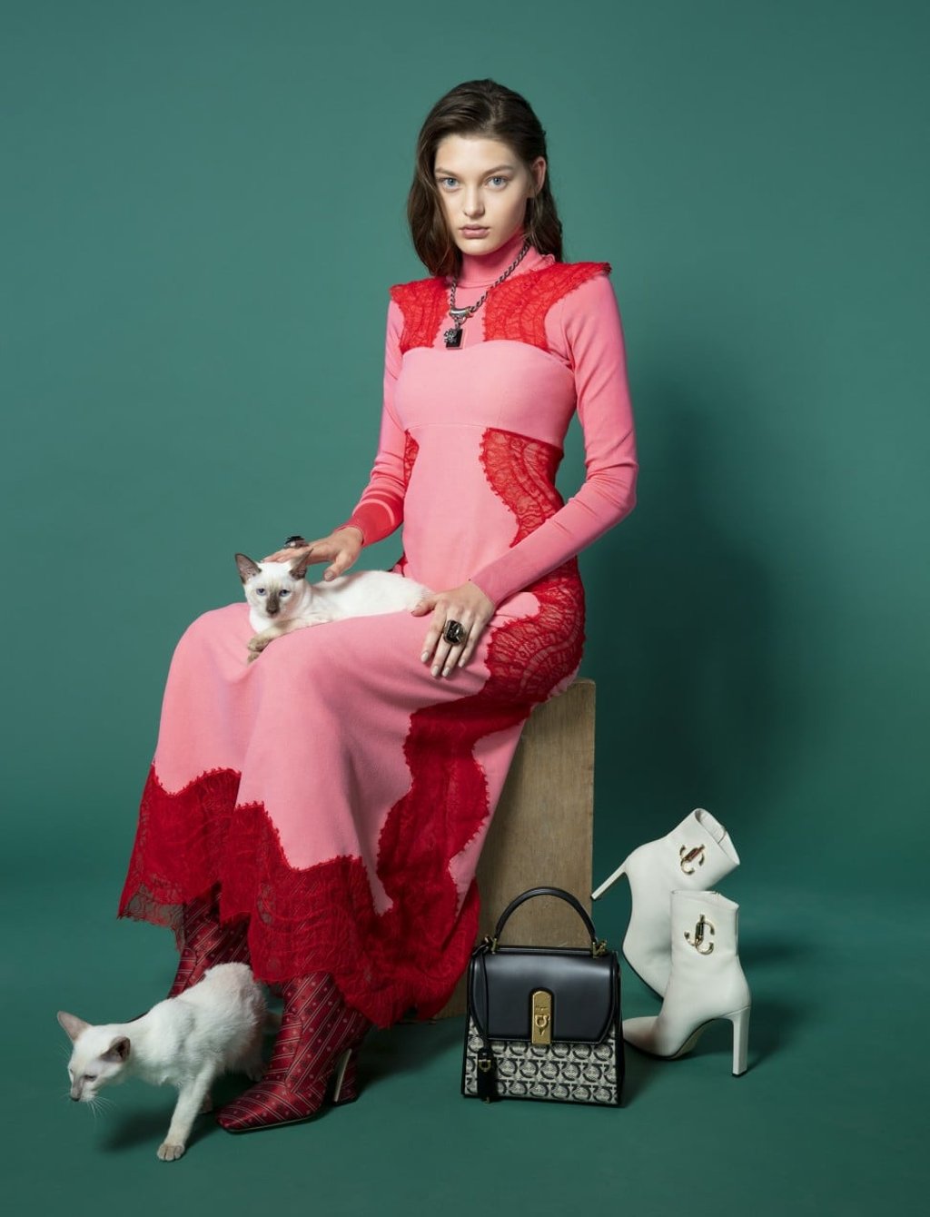 Givenchy turtleneck, HK$8,590; sleeveless dress, HK$26,900; Alexander McQueen necklace, HK$12,800, rings, prices on request; Fendi boots, HK$10,200; Salvatore Ferragamo bag, HK$16,900; Jimmy Choo white ankle boots, HK$10,300