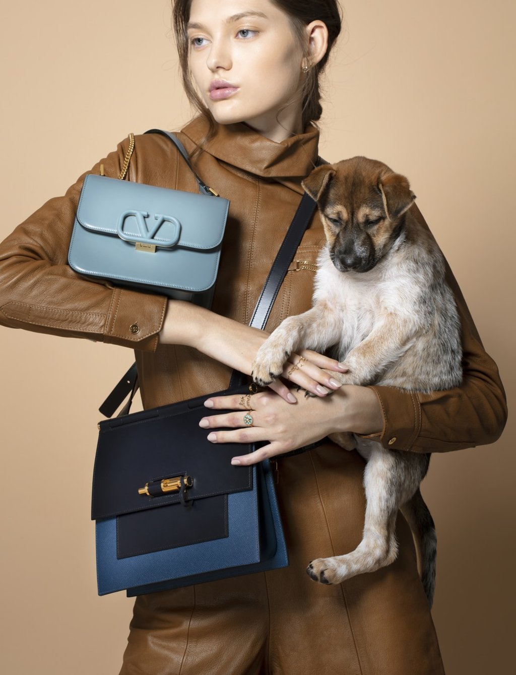 Celine jumpsuit, HK$15,500; Valentino mini bag, HK$18,300; Hermès bag, HK$51,600; Dior earrings, HK$15,900, double ring, HK$15,900, ring, HK$27,500