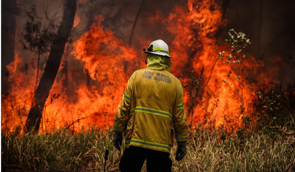 A firefighter watches a blaze near the town of Kulnura, New South Wales on December 12. Photo: Bloomberg