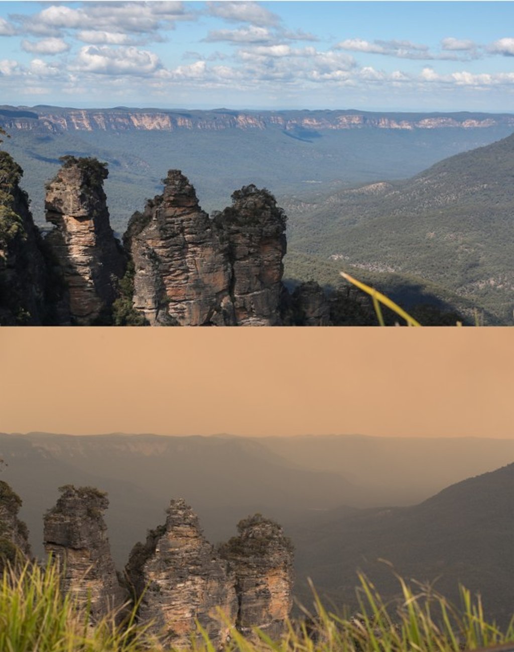 The Blue Mountains area before (top, taken on May 15, 2019) and after the bush fire (bottom, taken on December 21, 2019) in New South Wales. Photo: Xinhua