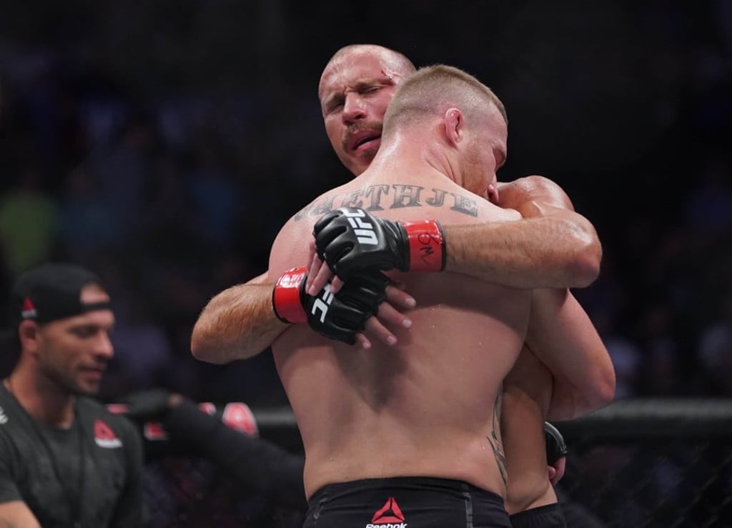 Donald Cerrone hugs Justin Gaethje after losing to him at UFC Fight Night Vancouver. Photo: USA TODAY Sports