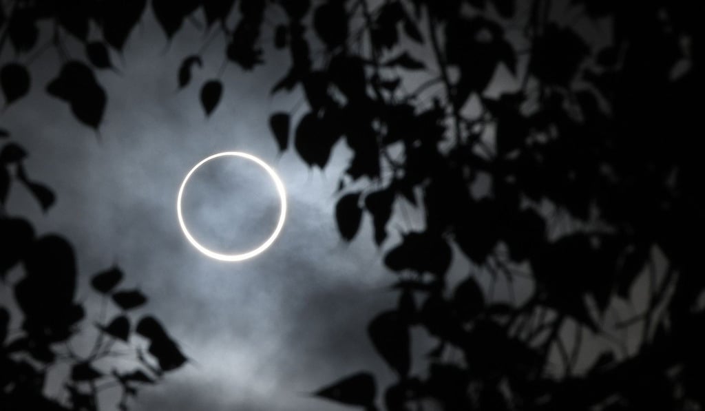 The moon covers the sun in a rare ‘ring of fire’ solar eclipse as seen from the southern Indian city of Dindigul in Tamil Nadu. Photo: AFP The moon covers the sun in a rare ‘ring of fire’ solar eclipse as seen from the southern Indian city of Dindigul in Tamil Nadu. Photo: AFP