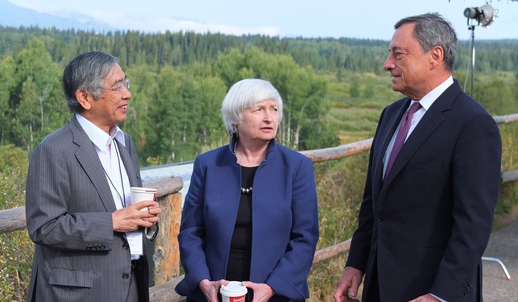 Bank of Japan governor Haruhiko Kuroda (left), then US Federal Reserve chair Janet Yellen and former European Central Bank president Mario Draghi meet in August 2017, in Jackson Hole, Wyoming, at a global central bankers’ symposium. Central bank balance sheets have ballooned in the post-crisis era. Photo: Kyodo