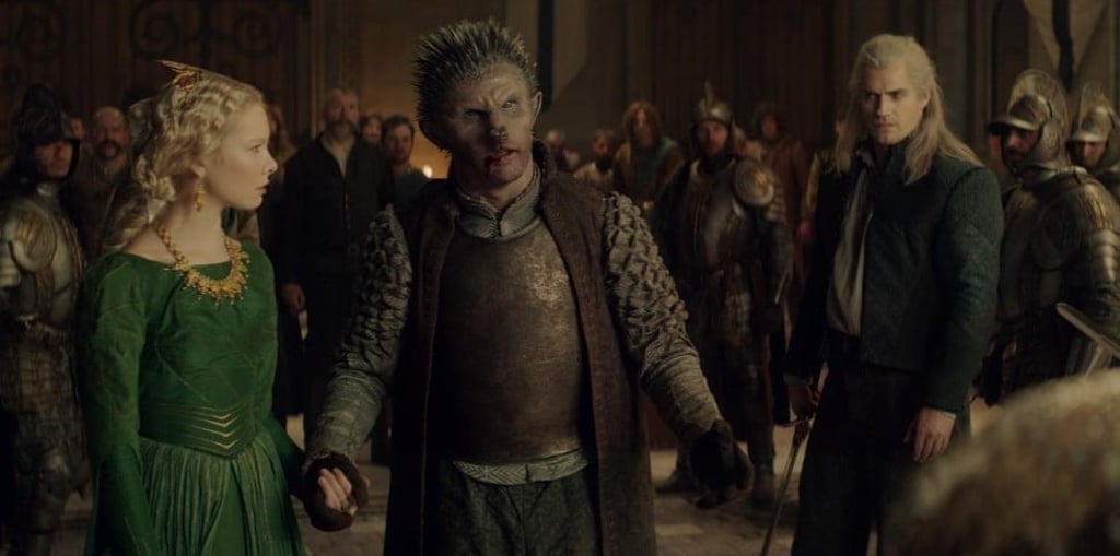 (From left) Gaia Mondadori, Bart Edwards and Cavill in a scene from The Witcher. Photo: Netflix
