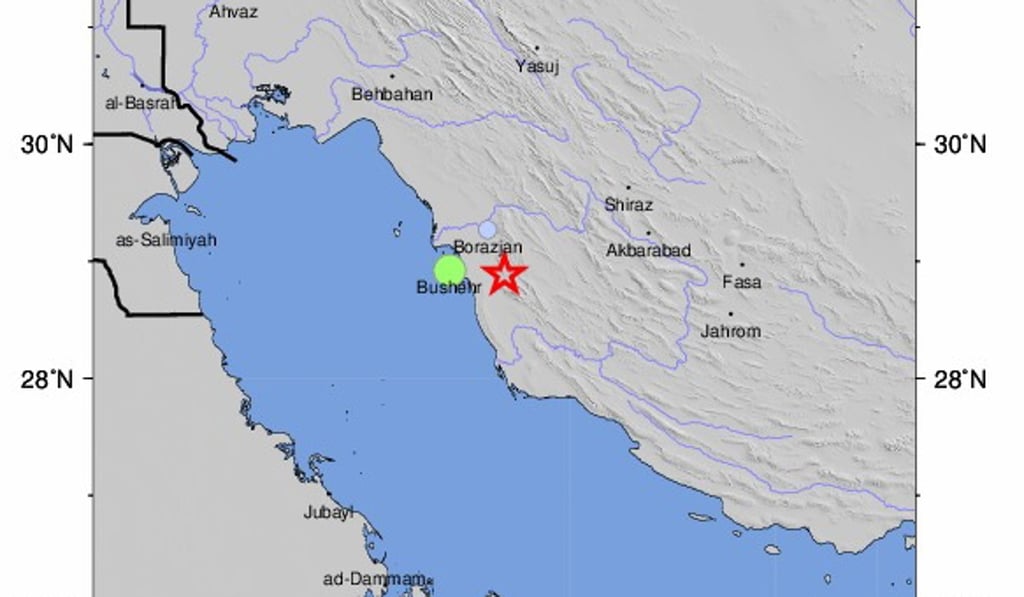 A US Geological Survey (USGS) image shows an intensity shake map of a 5.1-magnitude earthquake near Bushehr, Iran. Photo: EPA-EFE