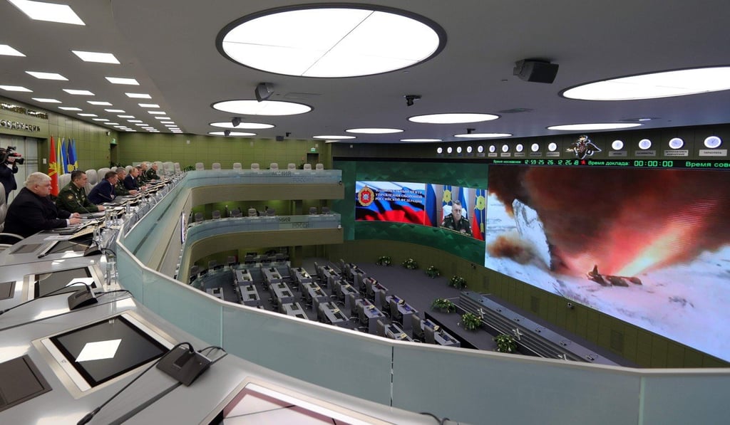 Russian President Vladimir Putin (fifth from left) visits the national defence control centre in Moscow to oversee the test launch of the Avangard weapon system in December 2018. Photo: AFP Russian President Vladimir Putin (fifth from left) visits the national defence control centre in Moscow to oversee the test launch of the Avangard weapon system in December 2018. Photo: AFP