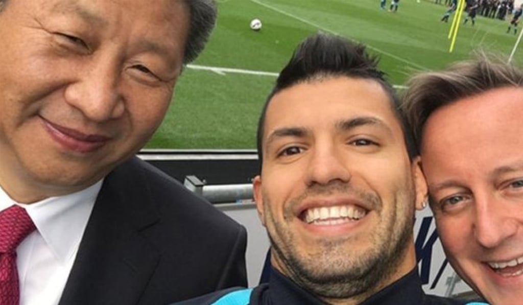 Manchester City striker Sergio Aguero took a selfie with President Xi Jinping and Prime Minister David Cameron at the Manchester City football academy. Photo” Twitter