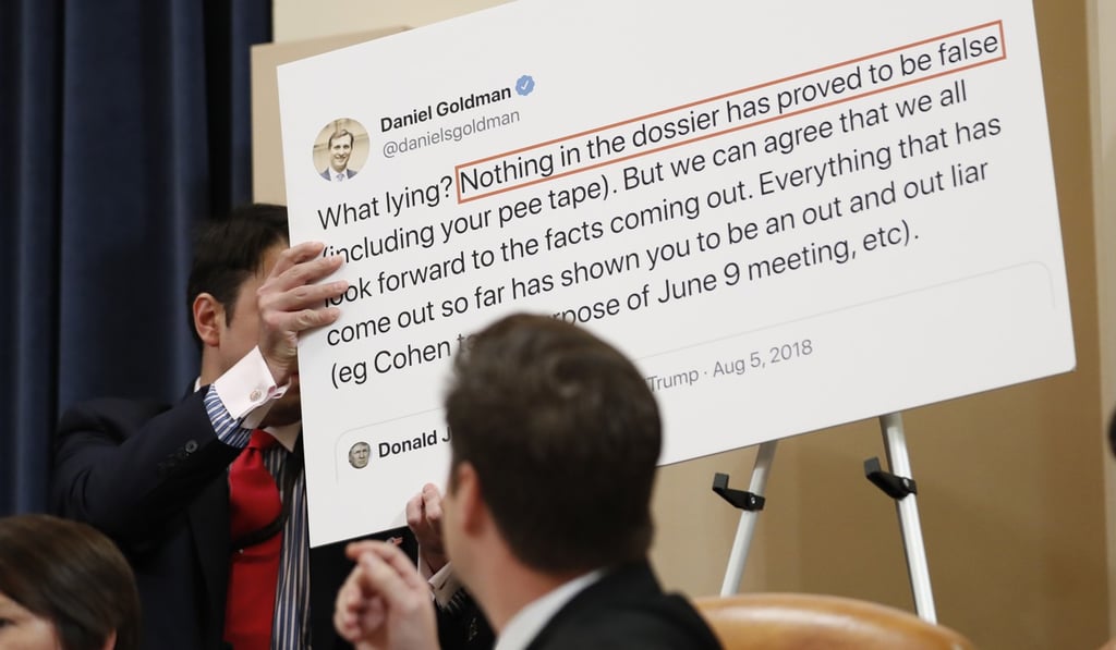 Rep. Matt Gaetz, points to a tweet by Democratic staff attorney's Daniel Goldman when he did not work on the Hill, as the House Judiciary Committee hears investigative findings in the impeachment inquiry of President Donald Trump. Photo: AP Photo
