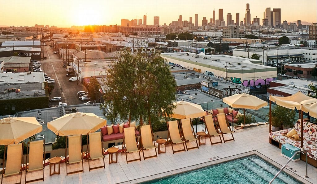 Soho Warehouse’s downtown Los Angeles rooftop pool with an unobstructed view of LA's skyscrapers in the distance. Soho Warehouse’s downtown Los Angeles rooftop pool with an unobstructed view of LA's skyscrapers in the distance.