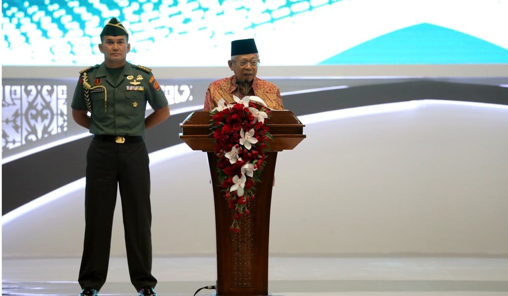 Indonesia Vice-President Ma'ruf Amin speaks during the opening ceremony of sixth Indonesia Sharia Economic Festival in Jakarta in November. Photo: EPA-EFE