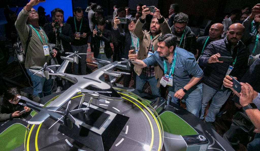 A model of the S-A1 electric vertical takeoff and landing (eVTOL) aircraft is shown at the Hundai news event where Hyundai announced it's partnership with Uber to create an air taxi network, during the 2020 CES in Las Vegas, Nevada, on January 6, 2020. Photo: AFP