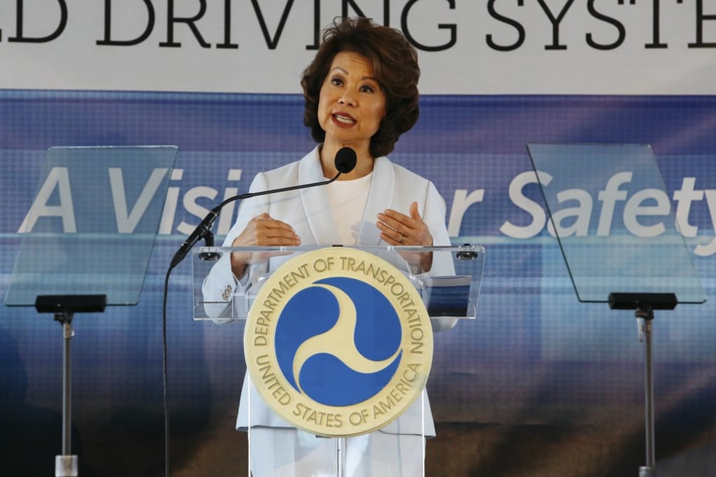 US Transportation Secretary Elaine Chao announced proposed new guidelines for self-driving vehicles that rely on voluntary standards in a speech at the CES trade show in Las Vegas on January 8. Photo: AP US Transportation Secretary Elaine Chao announced proposed new guidelines for self-driving vehicles that rely on voluntary standards in a speech at the CES trade show in Las Vegas on January 8. Photo: AP