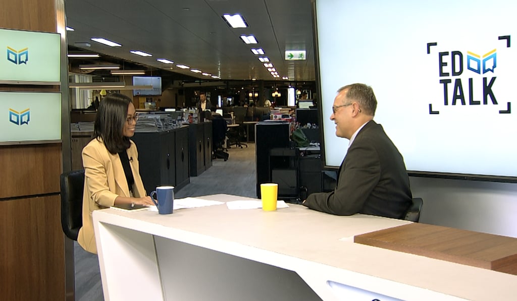 Fairoza Mansor (left), host of South China Morning Post’s EdTalk video discussion, chats with Richard Vanderpyl, head of school at the Christian Alliance International School. Photo: SCMP
