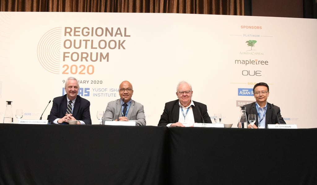 The Regional Outlook Forum 2020 panel on US-China relations, comprising (L-R) Professor David Shambaugh, Professor Joseph Liow, Professor Francois Godemont, and Professor Jia Qingguo. Photo: ISEAS-Yusof Ishak Institute The Regional Outlook Forum 2020 panel on US-China relations, comprising (L-R) Professor David Shambaugh, Professor Joseph Liow, Professor Francois Godemont, and Professor Jia Qingguo. Photo: ISEAS-Yusof Ishak Institute