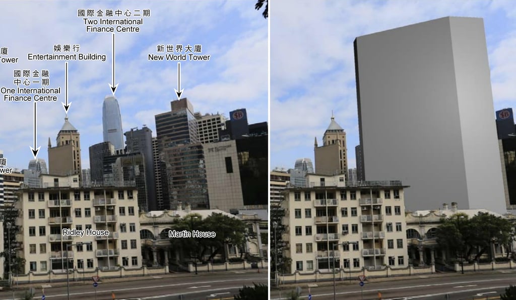 The current view (left) and a simulated view (right) from the Hong Kong Zoological and Botanical Gardens if a 25-storey private hospital is built at the Bishop’s House compound in Central. Photo: Planning Department