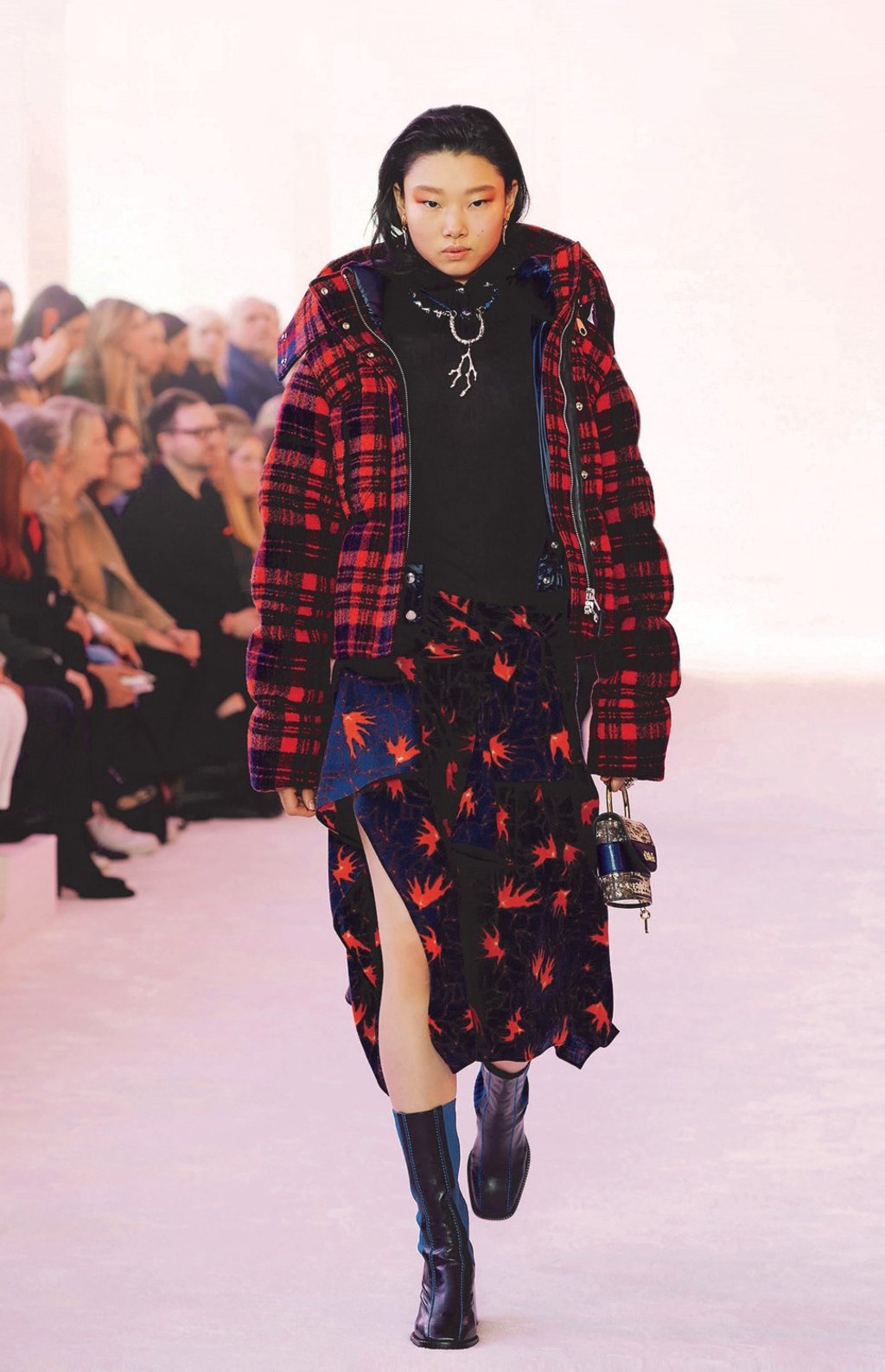 Natacha Ramsay-Levi offered a heritage check spun in red and blue, in a short length with a big collar, for Chloé.