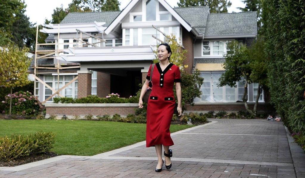 Meng Wanzhou leaves her home in Vancouver for a court appearance in October, wearing an electronic ankle tag. Photo: Bloomberg