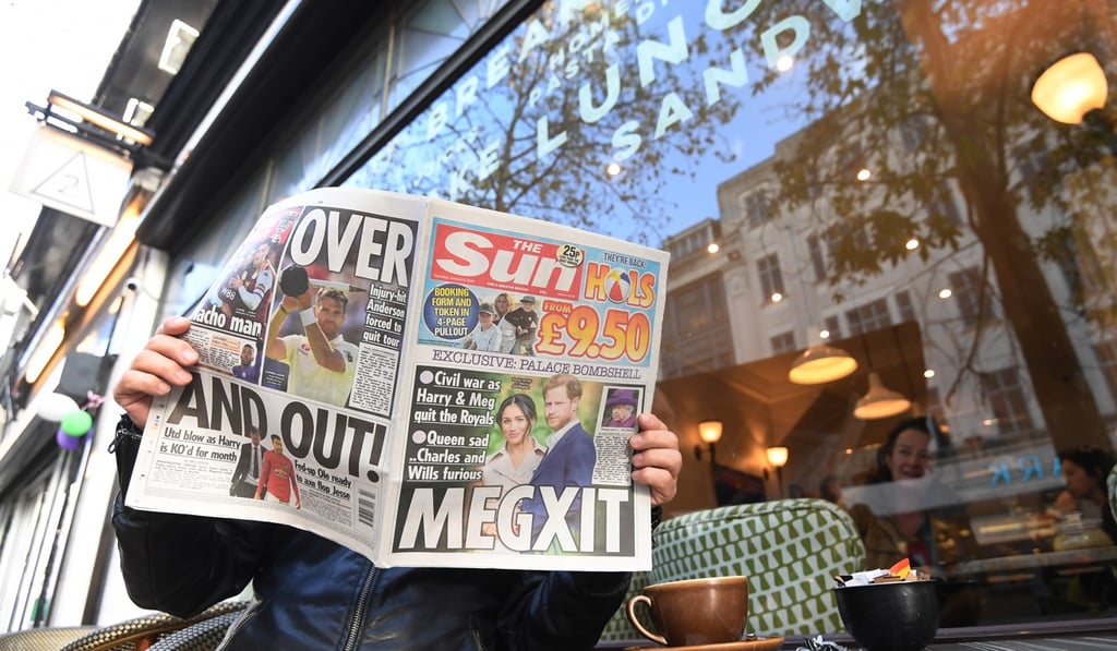 The Sun newspaper's front page after Prince Harry and Meghan Markle announced they would step back as senior royal family members. Photo: EPA-EFE