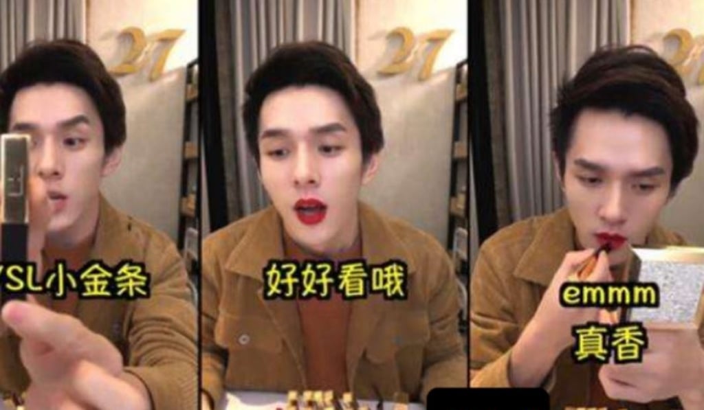 Li trying out different lipstick colours in a live stream. Photo: Sina
