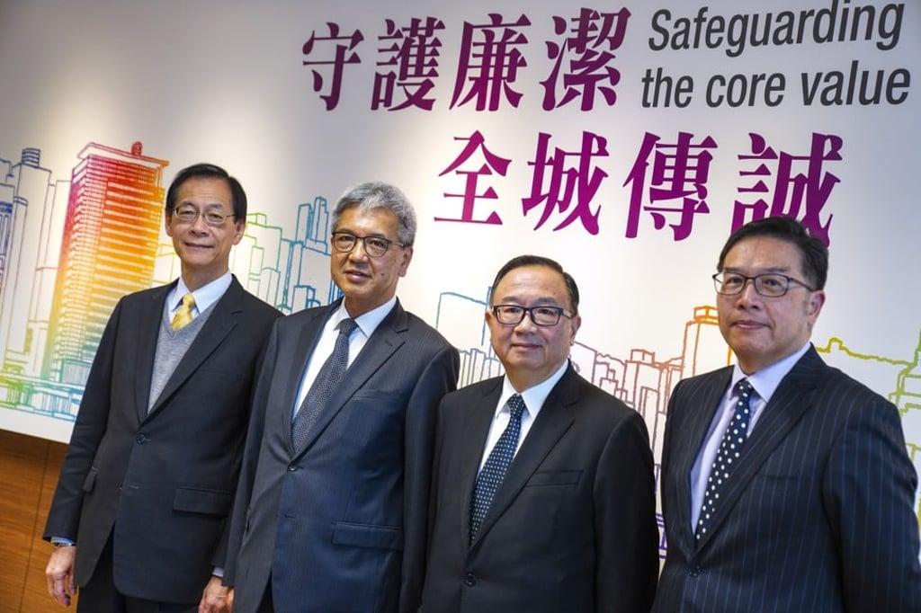 (From left) Professor Timothy Tong, chairman of the citizens advisory committee on community relations; Benjamin Tang, chairman, operations review committee; Martin Liao, chairman, advisory committee on corruption; and Adrian Wong, chairman, corruption prevention advisory committee present their ICAC findings. Photo: Sam Tsang