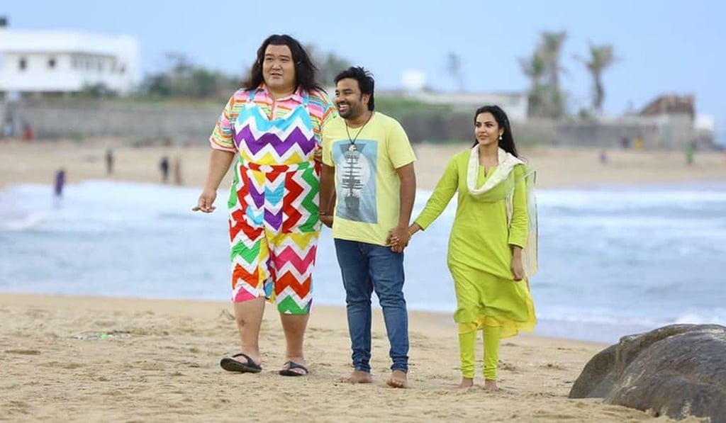 Sumo stars Yoshinori Tashiro, Shiva and Priya Anand as the wrestler, surfer and surfer’s love interest, respectively. Photo: Handout