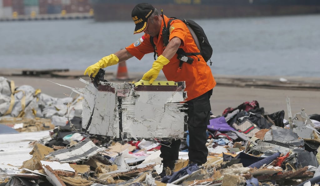 A rescuer inspects parts of a crashed Lion Air jet retrieved from the waters off Java Island, on October 31, 2018. File photo: AP