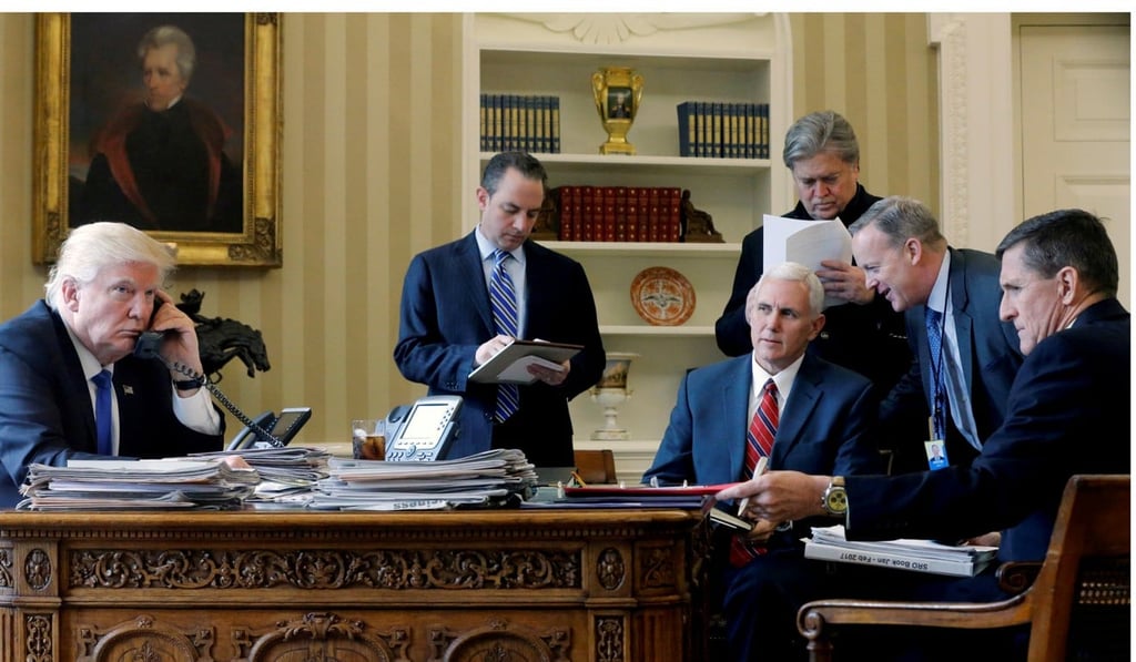 Michael Flynn (right), then national security adviser, in the Oval Office with Chief of Staff Reince Priebus, Vice-President Mike Pence, senior adviser Steve Bannon, and Communications Director Sean Spicer as US President Donald Trump speaks by phone with Russia's President Vladimir Putin on January 28, 2017. File photo: Reuters