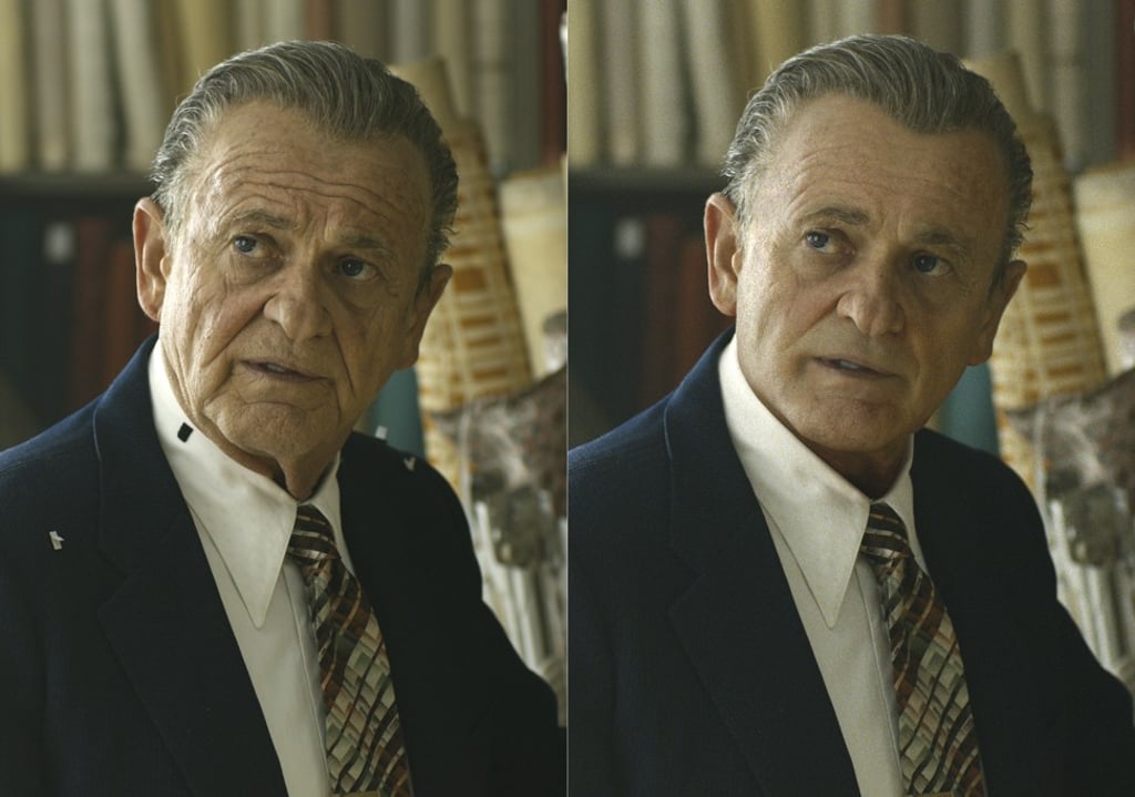 Joe Pesci, left, during the filming of The Irishman and the younger version of Pesci created by Pablo Helman, visual effects supervisor at Industrial Light and Magic. Photo: AP