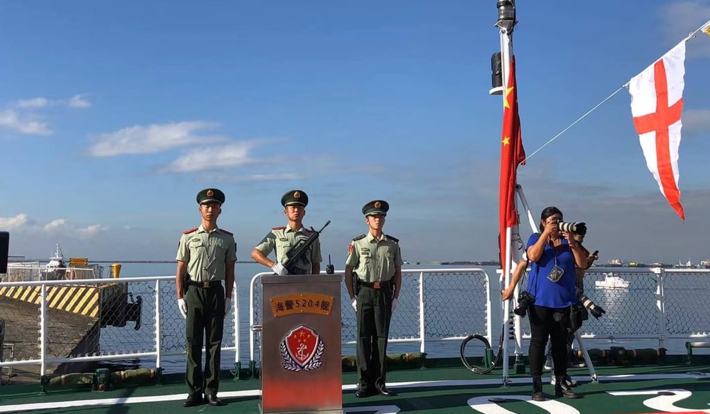 A photo from the Weibo account of CCTV’s military channel shows the Chinese coastguard ship arriving in Manila. Photo: Handout