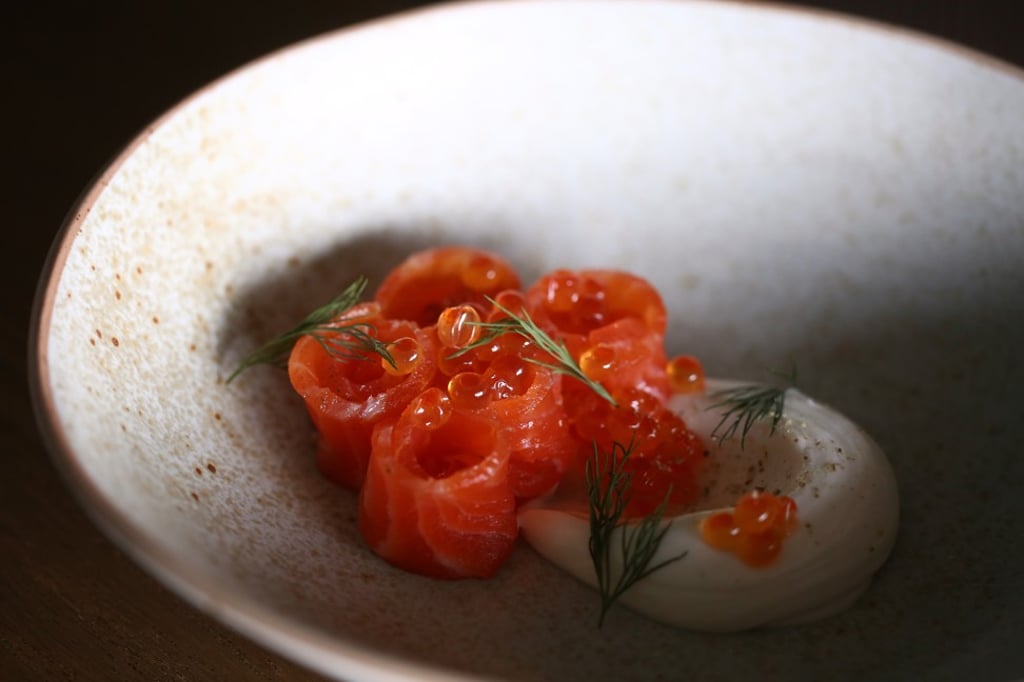 Ocean trout with whipped cod roe, salmon eggs and fried potato at Hue. Photo: SCMP / Jonathan Wong