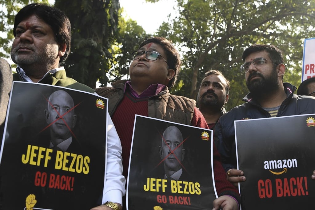 Protesters at a rally demanding the closure of e-commerce platforms Amazon and Flipkart in New Delhi on January 15, 2020. Photo: AFP