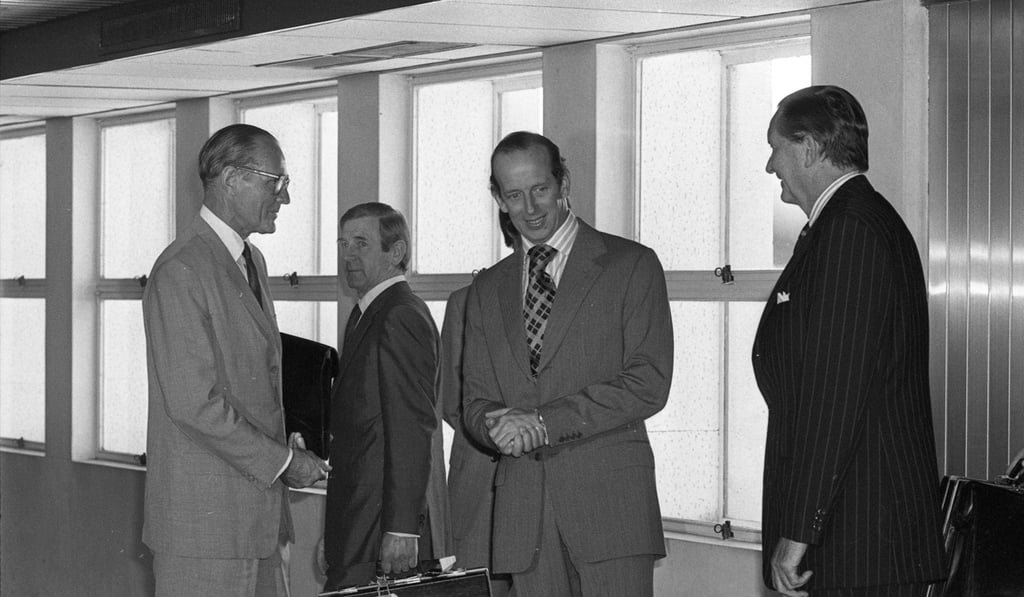 The Duke of Kent (centre) arrives at Kai Tak Airport in 1980 accompanied by the Hong Kong governor Sir Murray MacLehose (right). Photo: SCMP The Duke of Kent (centre) arrives at Kai Tak Airport in 1980 accompanied by the Hong Kong governor Sir Murray MacLehose (right). Photo: SCMP