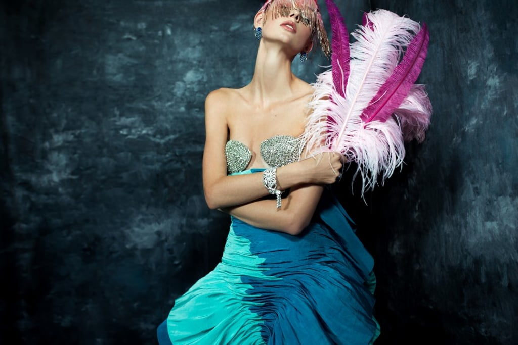 Schiaparelli gown and headpiece, prices on request; Piaget earrings, HK$7.05 million, ring, HK$6.15 million, bangle, HK$4.75 million