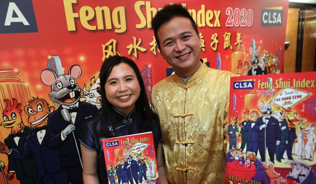 CLSA analysts Jamie Chan and Thomas Li at the unveiling of the Feng Shui Index on Friday. Photo: Dickson Lee