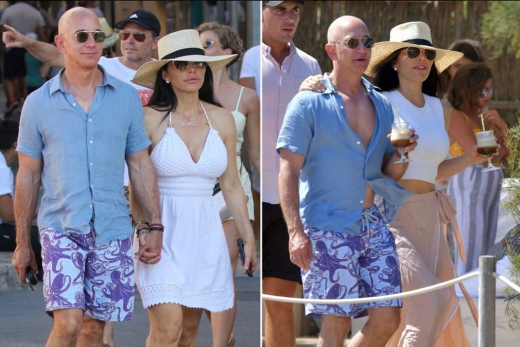 Bezos with girlfriend Sanchez wearing the Vilebrequin octopus-print trunks on holiday in Spain. Photo: Twitter