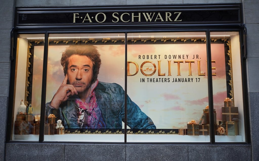 A poster for Downey Jnr’s latest film Dolittle at the FAO Schwarz flagship store at Rockefeller Centre, Midtown Manhattan, New York. Photo: Shutterstock