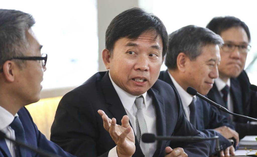 From left: TVB vice chairman Li Ruigang, chairman Charles Chan Kwok-keung, Executive director and CEO Mark Lee Po-on and Executive director Cheong Shin-keong meet the media after its annual general meeting on June 29, 2017. Photo: Felix Wong