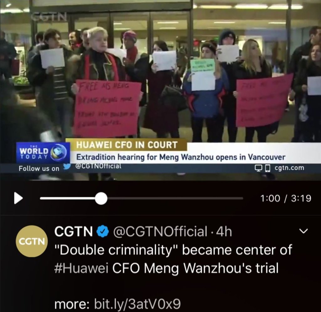 Protesters appear in a CGTN news report on Monday on the extradition hearings for Huawei executive Meng Wanzhou. Photo: Twitter