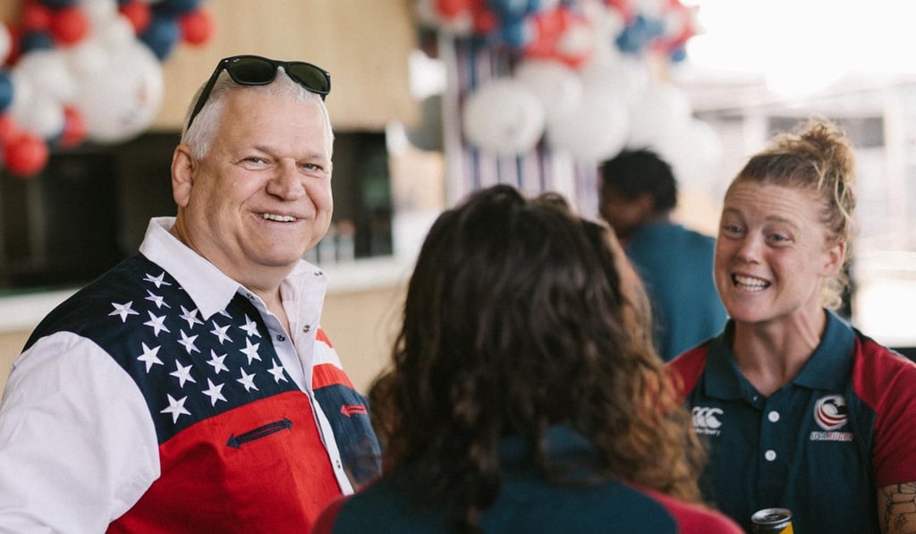 Jonathan Bobbett at a Golden Eagles event in South Africa with members of the US women’s sevens team. Photo: Handout Jonathan Bobbett at a Golden Eagles event in South Africa with members of the US women’s sevens team. Photo: Handout